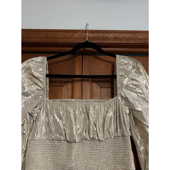 Aritzia Wilfred Smocked Metallic Bodycon Ballad Mini Dress Puff Sleeve Gold SZ M - Picture 6 of 10